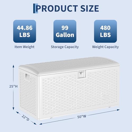 GarveeHome Outdoor Storage Box, 73 Gallon Deck Box, Waterproof Resin Patio Storage Box with Seat & Lockable Lid, Weather Resistant Organizer for Cushions, Tools, Pool Toys, White - 4