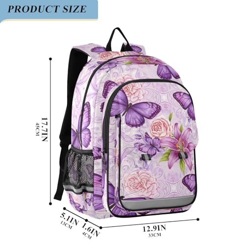 Kids Backpack for School, Purple Butterflies Large Ergonomic Backpack for Kids, 6-12 Y School Bag with Front Flap, 17 Inch2