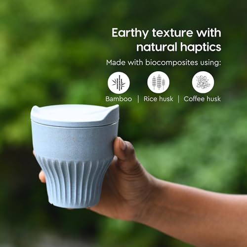 Image of Eha Earth Friendly Rafter Coffee Mug with Lid | Tea Cup Set | 250 ml | Made with Rice Husk | Microwave Safe Mugs for Gifting | 2 Unit | Azure