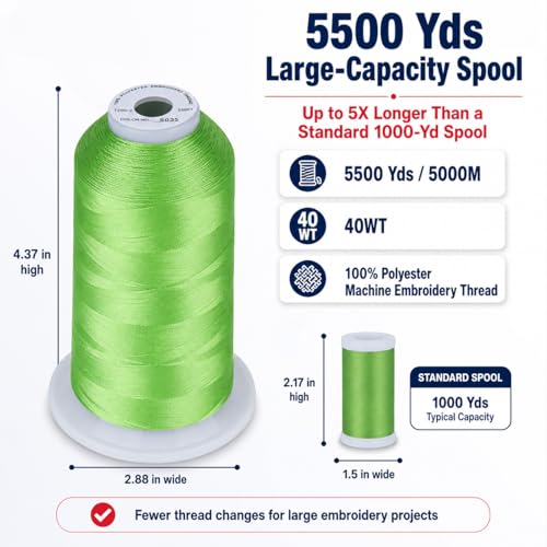 Image of Simthread 5500Yds 40WT Polyester Embroidery Thread Electric Green S035 | High-yardage 5000M spool offers smooth feeding and stable 40WT polyester thread for home and commercial embroidery machines.
