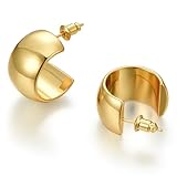 FRUMOS 18K Gold Plated Hoop Earrings for Women Girls 14K Gold Plated Thick Earrings with 925 Sterling Silver Post Stud Earrings for Gifts(Thick hoop Earrings Gold)