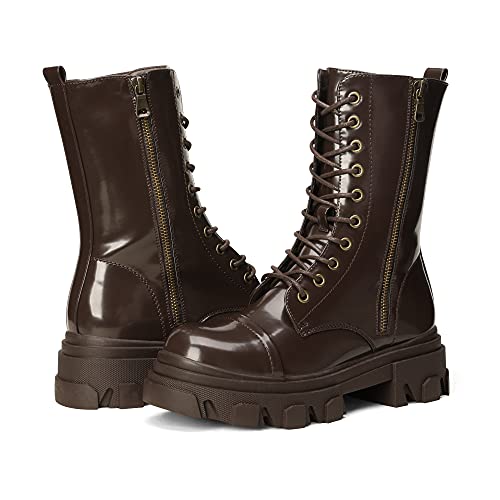 Image of DREAM PAIRS Women's Combat Boots Lace up Mid Calf Boots Low Heel Chunky Platform Lug Sole Riding Boots