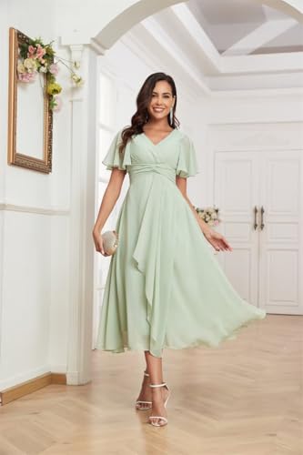 Women's Chiffon Bridesmaid Dresses Tea Length Short Sleeves Maid of Honor Dress for Wedding with Pleats4