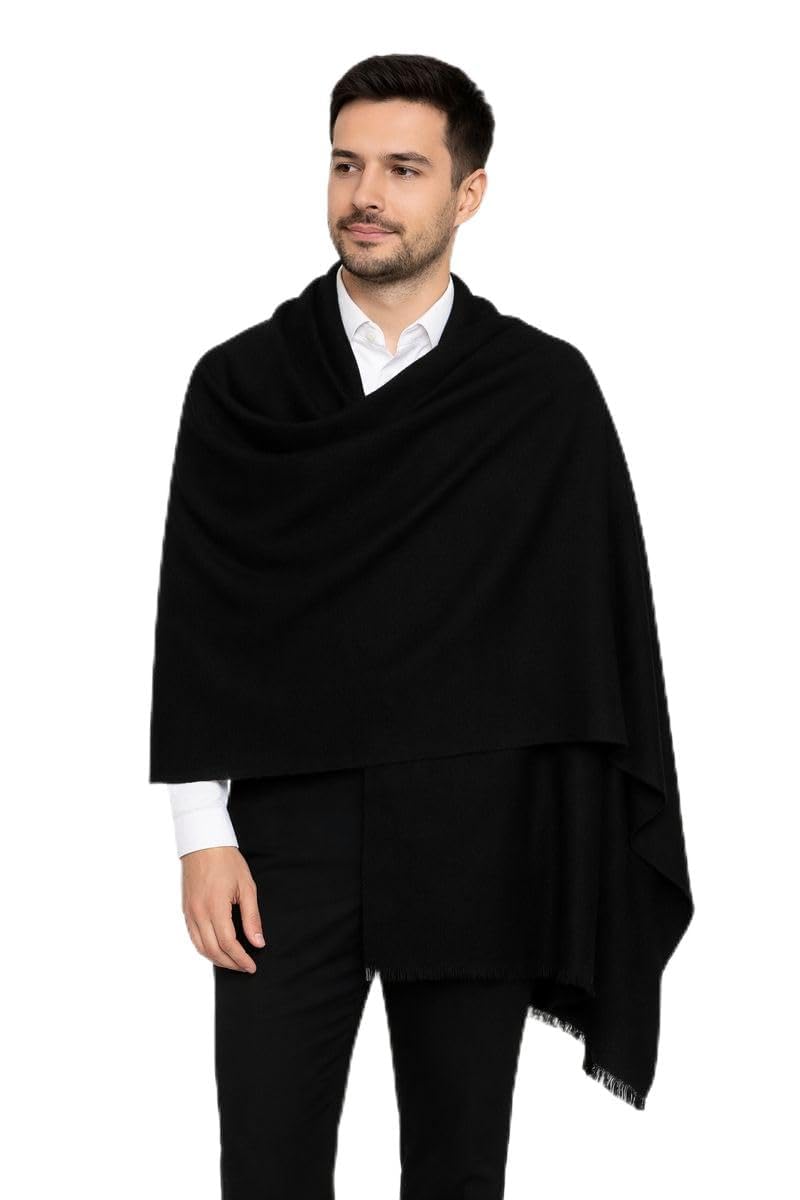 Men's Shawl Wrap/Lohi/Dusahala, Black, Soft Fabric with Fringe Detail-image-22