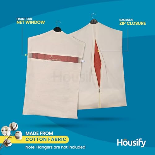 Image of Hanging Cotton Saree Covers with Zip (Set of 6) of 30x 18 (Inches) For saree storage bags | Haniging Cotton Saree Cover /Bags for Saree /clothes (HANGERS ARE NOT INCLUDED WITH SAREE COVER) (6)