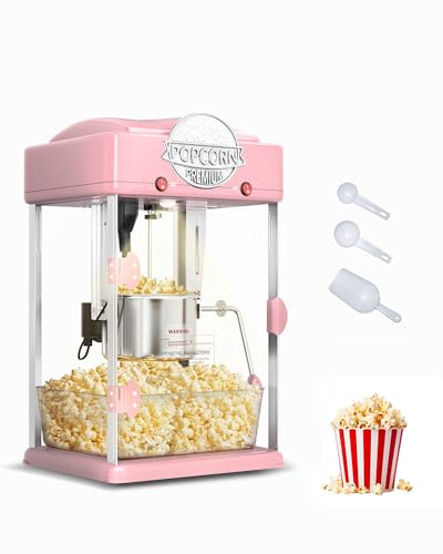 Image of 6 Oz Popcorn Machine, Tabletop Popcorn Maker, Countertop Pop Corn Machine, Movie Theater Popcorn Popper Machine with Stainless-Steel Kettle, Measuring Tool for Home Family, 300 W, Pink