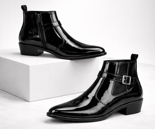 Image of Kraasa Men's Synthetic Leather Ankle Boots with Side Buckle Strap, Elastic Panel & Durable TPR Sole Casual & Formal Wear Boot