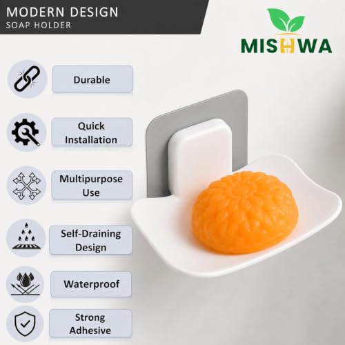 Image of Self-Adhesive Soap Holder for Bathroom (2 Pack (Black /White)) Wall Mounted No-Drill Soap Stand with Water Drainage | Strong Sticker Plastic Soap Dish for Wash..