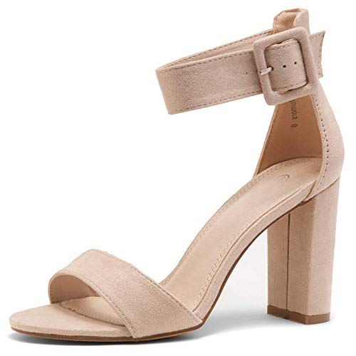 HerStyle Rumors Women's Fashion Chunky Heel Sandal Open Toe Wedding Pumps with Buckle Ankle Strap Evening Party Shoes Nude 9.0