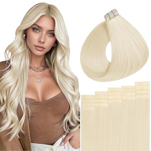 Image of Full Shine Hand Tied Tape in Hair Extensions Human Hair 40g 20Pcs 16 Inch Color 60 Platinum Blonde for Volume Adding and Thin Hair Filling Real Remy Human Hair Extensions
