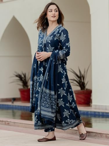 Image of Arayna Women's Pure Cotton Handblock Ethnic Printed Kurta Set with Pants & Dupatta