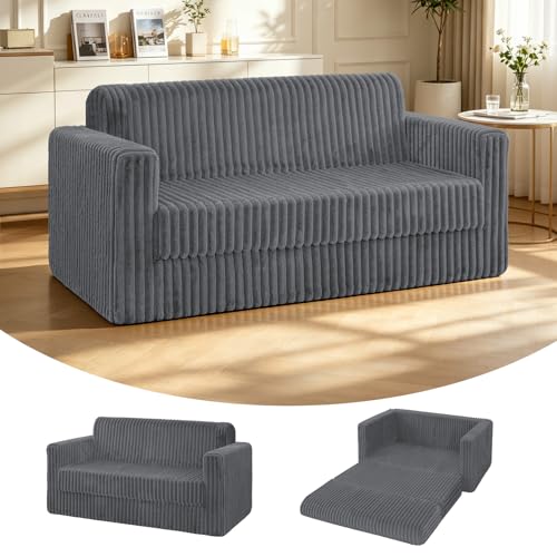 HABUTWAY 49.8' Loveseat Boneless Couch, 4-in-1 Convertible Sofa Bed, Plush Fur Folding Futon Sofa Bed Couches Without Pillow for Living Room, High-Density Foam Support, No Assembly Required, Grey