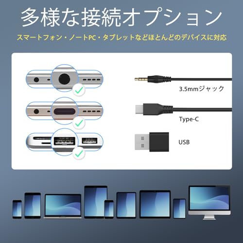 ヘッドセット 有線 マイク付きイヤホン 3.5mm/USB-A/USB-C対応 ノイズキャンセリング搭載 ステレオ音声 音量調節・ミュート機能付き 軽量で快適 オンライン会議/テレワーク/仕事用 ブラックグレー