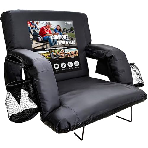 BRAWNTIDE Stadium Seat for Bleachers with Back Support - Wide Padded Reclining Bleacher Seat, Portable Folding Stadium Chair with Armrests, Hooks, Straps, Cup Holders & Pockets (Black, Wide Size)