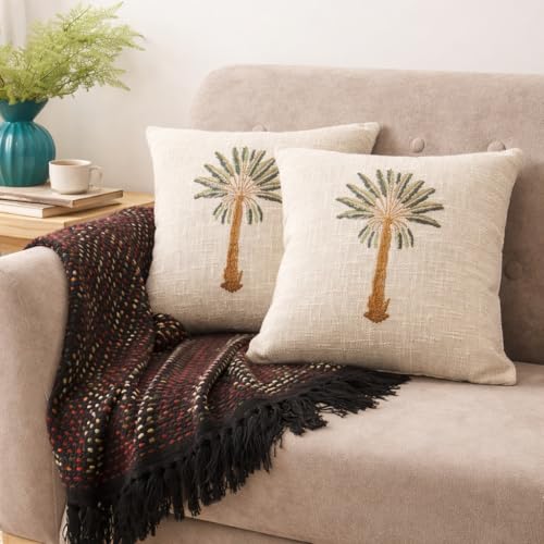 Image of Handwoven Sofa Throw 50x70 Inches with Jute Palm Tree Cushion Covers 16x16 Inches (Set of 2), Soft Decorative Blanket for Living Room & Couch - Pack of 3 (1 Sofa Throw + 2pc Cushion Cover)