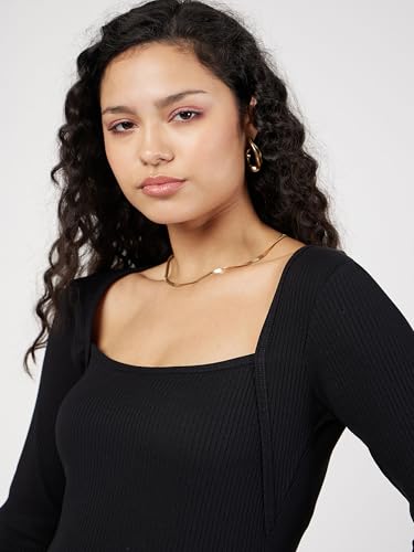 Image of SASSAFRAS Women's Slim Fit Full Sleeves Rib Square Neck Ribbed Basics - Casual Ribbed T-Shirt Tops