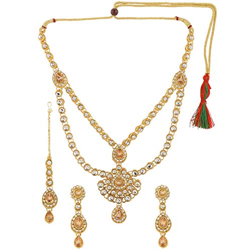 Efulgenz Indian Bollywood 14 K Gold Plated Kundan Choker Multilayer Neckalce Earrings Maangtikka Wedding Bridal Jewelry Set