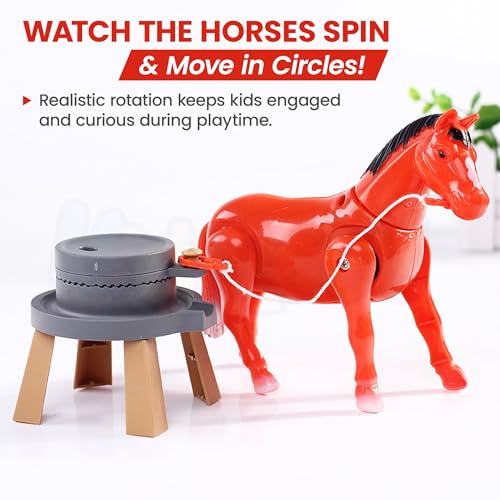 Image of Kidology Kids Electric Rotating Horse Toy | Battery Operated Horse Playset with Mill, Flexible Joints & Realistic Grinding Action | Interactive Farm Animal Toy for Boys & Girls Pack of 1