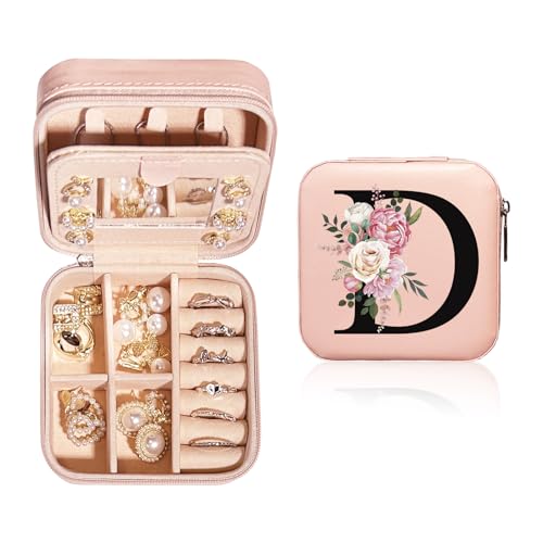 JEKUGOT Personalized Travel Jewelry Case with Mirror, A-Z Alphabet Jewelry Box for Girls and Women, Birthday Gift for Women (D)