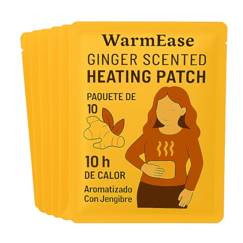 WarmEase Parches Térmicos Menstruales Mujer – Pack de 10 – 10h Calor – Aroma a Jengibre – Alivio Cólicos – Compresa Abdominal – 52°C – Desechable (10 unidades)