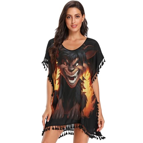 Fire Cool Animal Tasmanian Women's Beach Cover Up Chiffon Tassel Swimwear Swimsuit Coverups for Girl