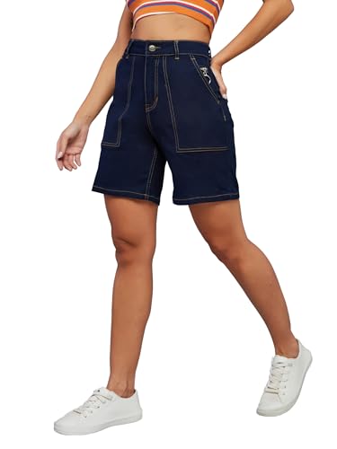 Image of Dolce Crudo Women's Relaxed Fit Mid-Rise Denim Shorts with Adjustable Waist & Frayed Hem