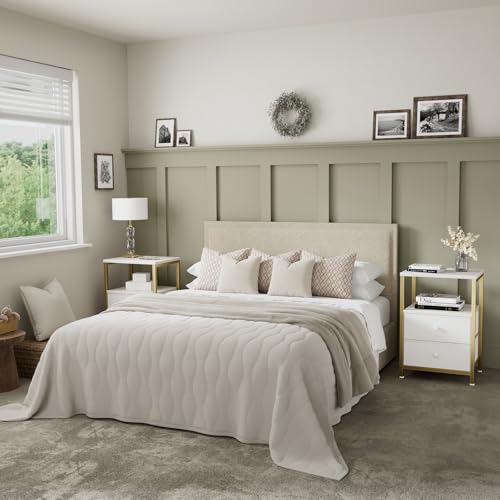 Image of BOLUO Nightstand with Charging Station, LED Night Stand with 2 Fabric Drawers, Bedside Table with USB Ports and Outlets, Nightstand for Bedroom Modern