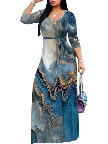 Image of Plus Size Dresses for Women Print Maxi Dresses 3 /4 Sleeve with Belt