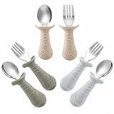 PandaEar 6 Stücke Kinderbesteck Esslernbesteck ab 1 jahr| Silikon Edelstahl Baby Besteckset Löffel Gabel mit Silikon Halten Anti-Choke Design, BPA Frei Lernbesteck