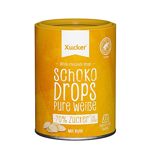 Xucker Schoko Drops weiße Schokolade - Xucker Schokolade mit Xylit Zuckerersatz I Weiße Xucker Chocolate Drops I Zuckerreduzierte Süßigkeiten zum Backen (200g / min. 35% Kakaoanteil) Cover