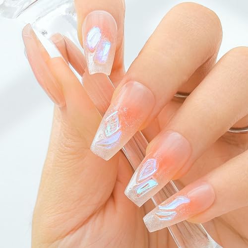 Sethexy Long Coffin Handmade False Nails, Gradient, Glitter Floral, Sparkly, Rhinestone