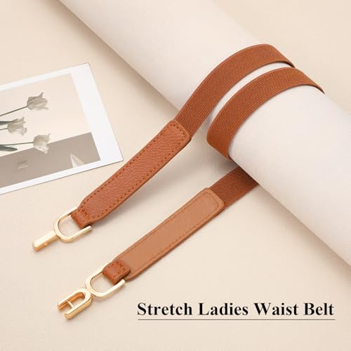 XZQTIVE Women Elastic Thin Belts for Dress Skinny Stretch Plus Size Black Brown Waist Belts with Fashion Gold Buckle Set of 24