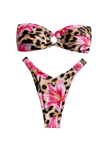 GORGLITTER Women's Strapless Bandeau Bikini Sets Cheetah Leopard Print High Cut String Thong Swimsuits