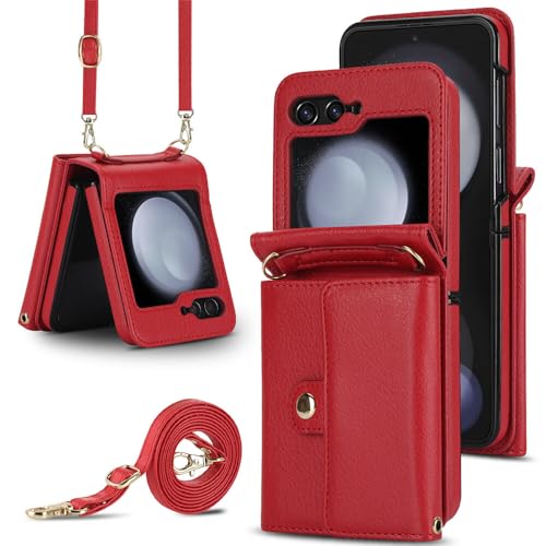 Protection Samsung Galaxy Z Flip 7 FE rouge étui portefeuille cuir avec sangle