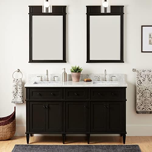 Signature Hardware 483597 Elmdale 60" Free Standing Double Basin Vanity Set with Mahogany Cabinet, Wood Vanity Top, and Porcelain Undermount Sink - 8" Faucet Holes - Charcoal Black/Carrara Marble
