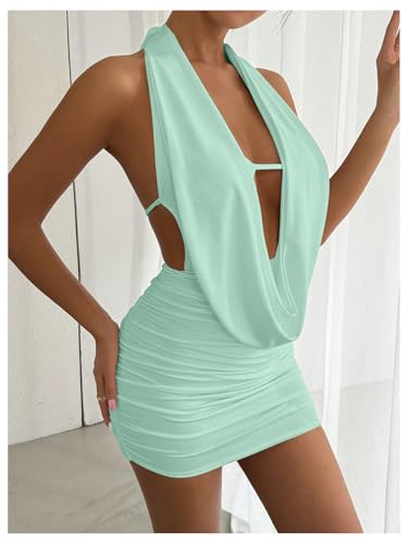 Image of SOLY HUX Women's Sexy Deep V Neck Halter Bodycon Mini Dress Sleeveless Party Club Dresses