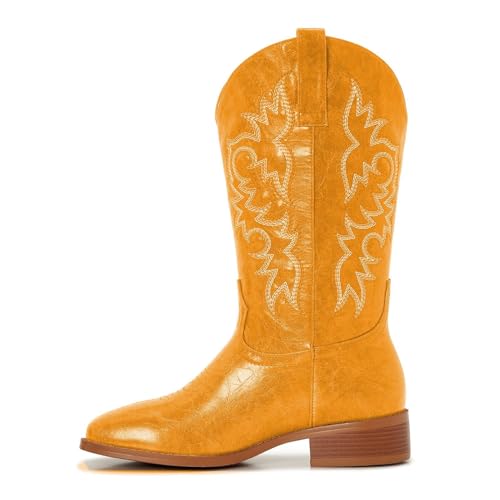 Image of Cowgirl Boots Square Toe Cowboy Boots For Women Ladies Mid Calf Low Heel Flat