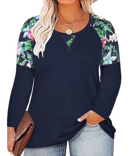 Image of CARCOS Plus Size Tops for Women Color Block Flower /Striped /Camo Crew Neck Long Sleeve Tee Shirt