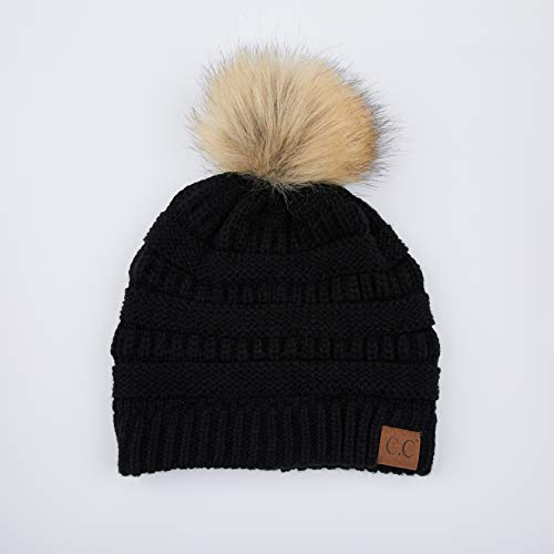 Image of CC Fur Pom Winter Fall Chunky Stretchy Cable Knit Beanie Hat