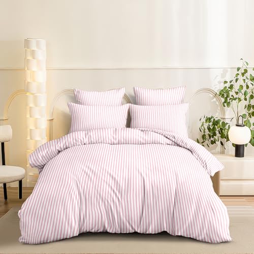 Image of Nayoroom Pink Striped Duvet Cover Twin Size White Stripe Duvet Cover Dorm Bedding Set 2 Pieces Soft Lightweight Washed Microfiber Farmhouse Bedding Set Gifts for Women Men
