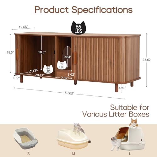 Image of 59 inch Wooden Hidden Double Cat Litter Box Enclosure Furniture