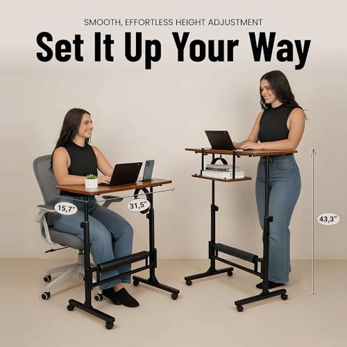 Image of Small Rolling Desk with Wheels, Adjustable Height 27 inch-43.3 inch Portable Standing Desk, 31.5 inchx15.7 inch Tabletop, Mobile Laptop Computer Table for Home Office Workstation, Rustic Brown