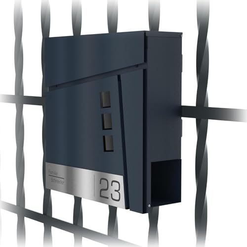 Graviers Design Buzón en antracita RAL 7016 con soporte para valla, buzón personalizado de acero inoxidable, placa para nombre, número de casa, buzón con candado, compartimento para periódicos,