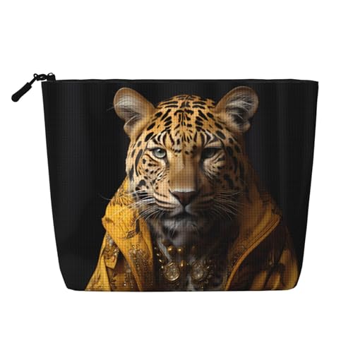 QAZWZML Bolsa de cosméticos de lino sintético con estampado de leopardo en una chaqueta de cuero, bolsa de cosméticos portátil con cremallera, accesorio de viaje
