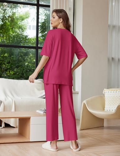 Image of Ekouaer Lounge Sets for Women Short Sleeve Tops and Long Pants Soft Comfy Pajamas Set 2 Piece Outfits