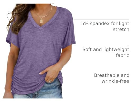 Image of WIHOLL Womens Summer T-Shirts Short Sleeve V Neck Dolman Tops with Side Shirring Loose Fit Shirts Spring Fashion