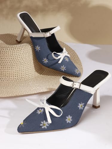 Image of TRYME Denim Embroidered Mules Style Bow Pointed Toe Slip-on Stilettos Heel Sandals for Womens and Girls