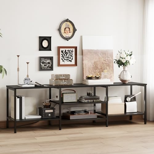 Image of HOOBRO TV Stand with Power Outlets to 75 Inches, TV Console Table with Open Storage Shelves Cabinet, Industrial Media Entertainment Center for Living Room Bedroom, Black BB80DS01
