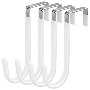 4 Pack Over The Door Hooks, Fits Doors Less Than 1.4in Thick, White Rubber Surface Prevent Scratch Door Hanger Hooks for Bathroom, Living Room, Kitchen, Hanging Clothes, Towels, Bags