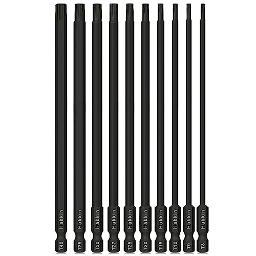 Long Torx Bit Set Hakkin 10Pcs 150mm Tamper Proof Security Torx Bits S2 Steel 1/4” Hex Shank Magnetic Impact Star Bit Set T8 T9 T10 T15 T20 T25 T27 T30 T35 T40